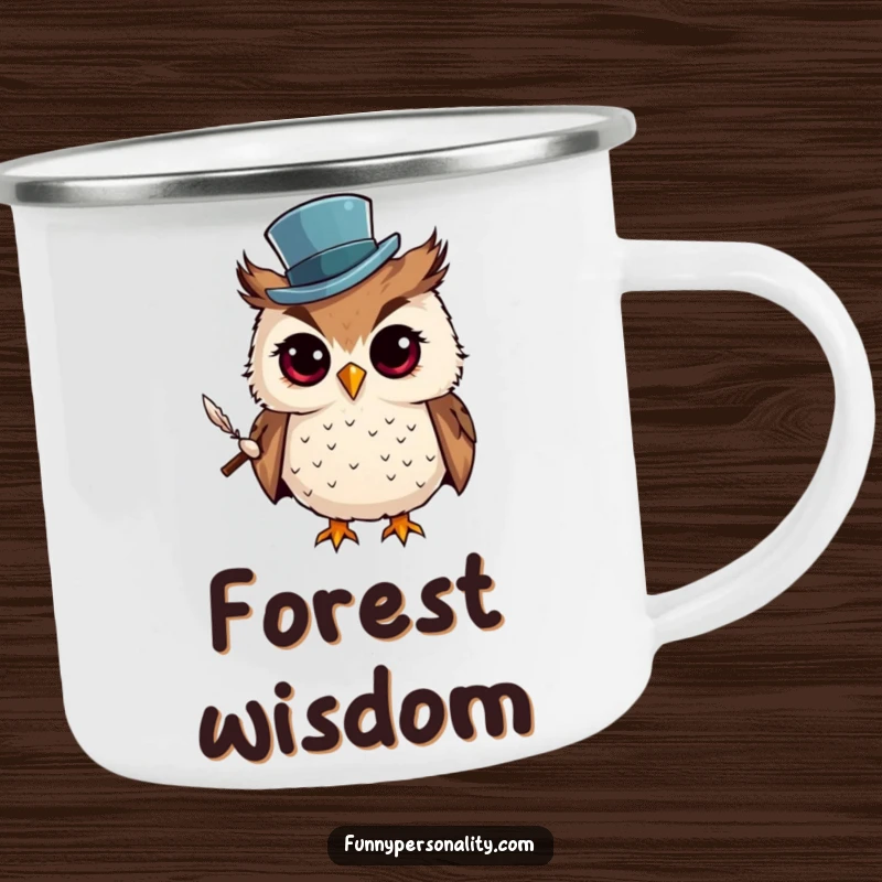 Funny Camping Mug: A curious owl wearing a top hat and holding a quill, an enamel cup for enjoying beverages with wisdom.