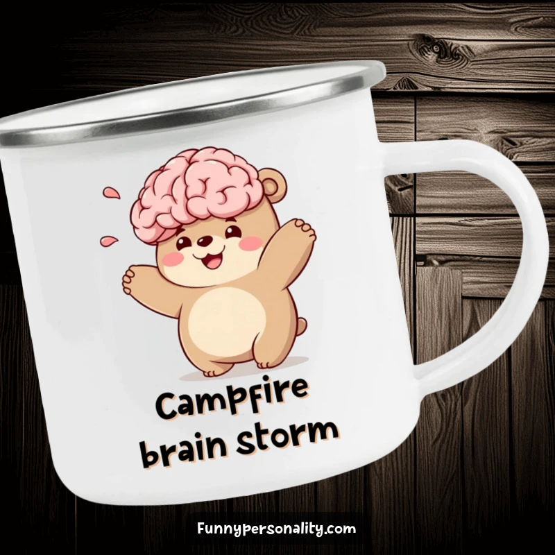 Funny bear character camping mug with a chubby bear playfully tossing a smiling brain, for outdoor use.