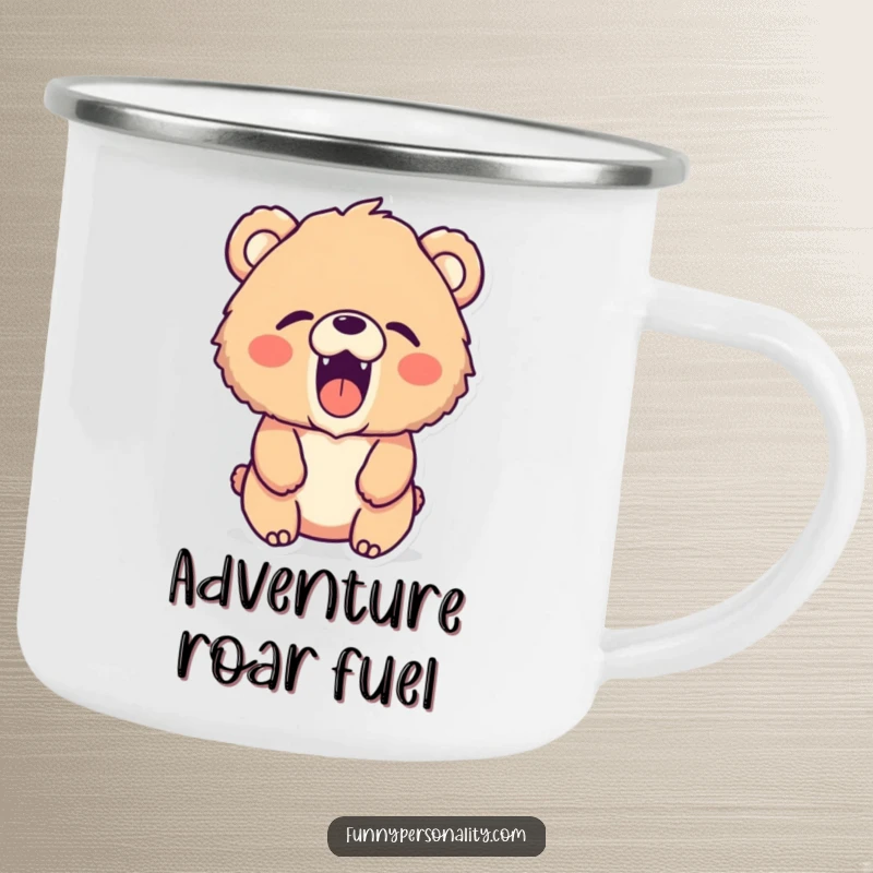 Funny bear camping mug: enamel mug with a fluffy bear character excitedly roaring a tiny, silent roar in the wild.