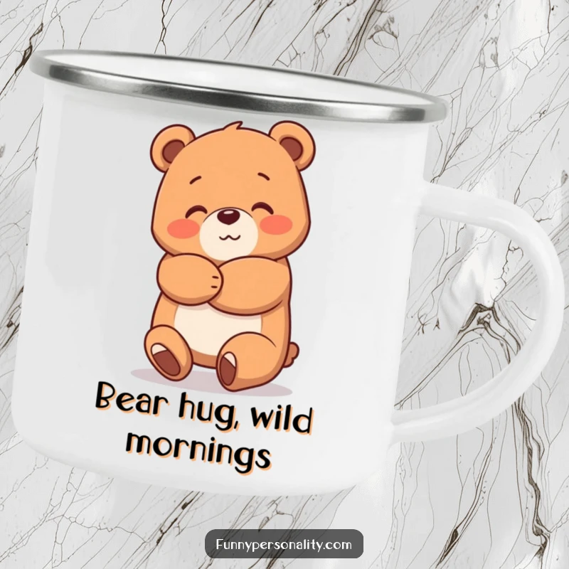 Funny Bear Hug Camping Mug featuring a happy bear character giving a comforting hug, designed for outdoor enjoyment and warmth.