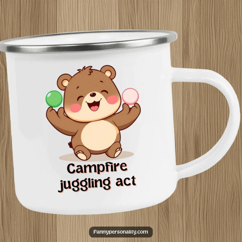 Funny camping mug with a joyful bear juggling balls, perfect for outdoor enthusiasts and adding cheer.