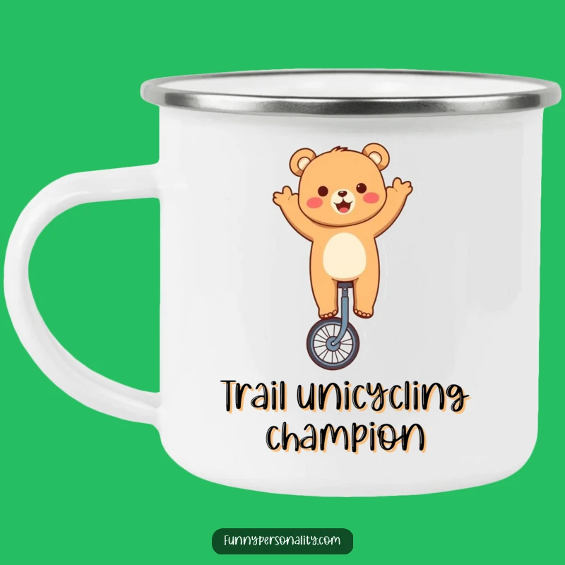 Funny Bear Unicycling Camping Mug - Cute Character Enamel Cup for Outdoor Fun