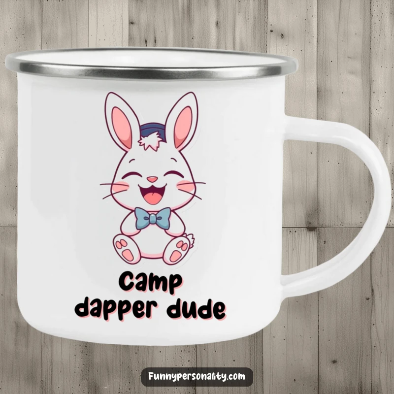 Funny camping mug featuring a laughing bunny in a hat and bow tie, perfect for festive outdoor moments.