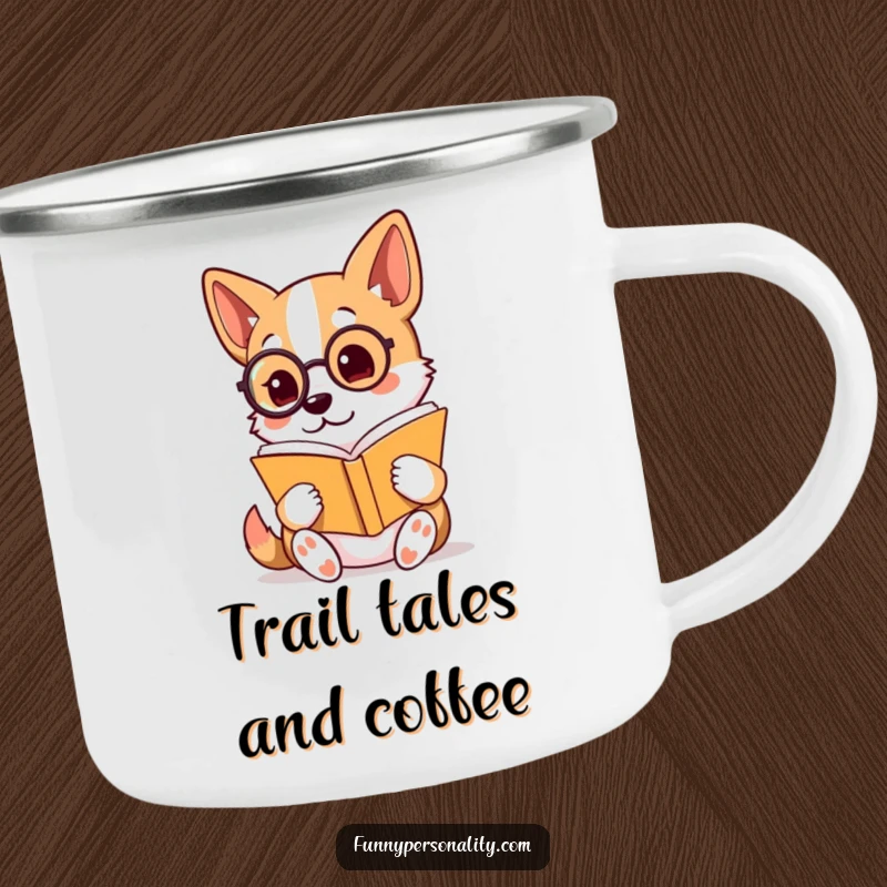Funny Camping Mug: A dog with a monocle reads a book intently, blending literary sophistication with rugged outdoor humor.