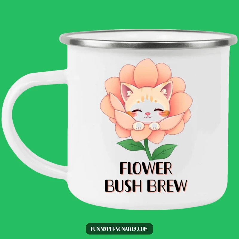 Funny Camping Mug: Shy Cat behind Flower, Perfect Nature Gift