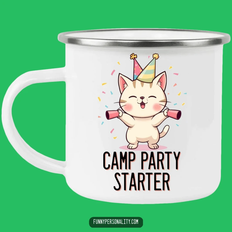 Funny Cat Party Camping Mug: Adventure & Confetti, Durable Funny Gift