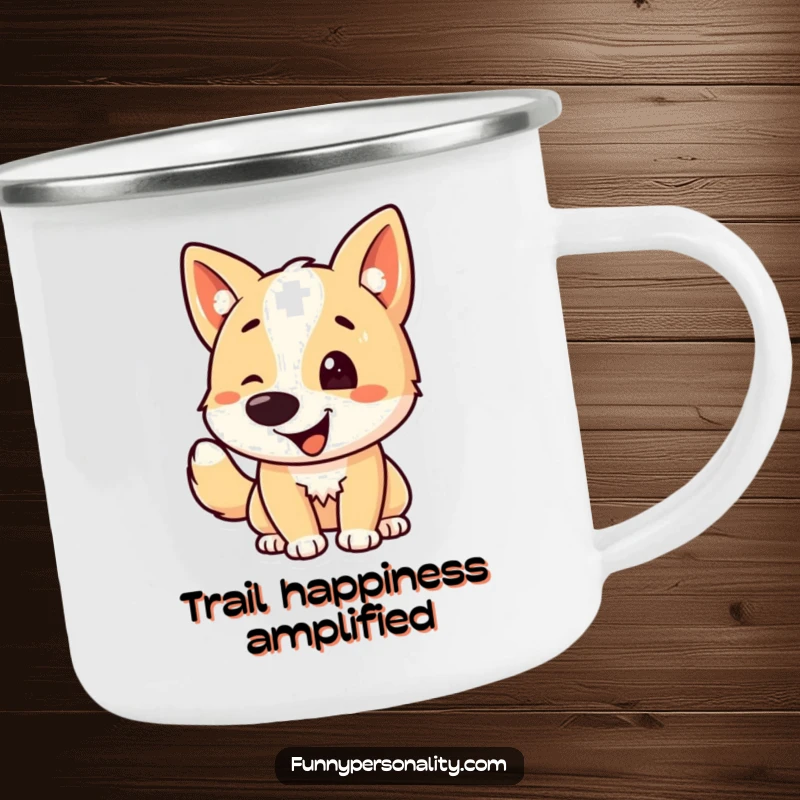 Funny dog camping mug depicting a happy dog character wagging its tail, ideal for outdoor enthusiasts seeking joy.