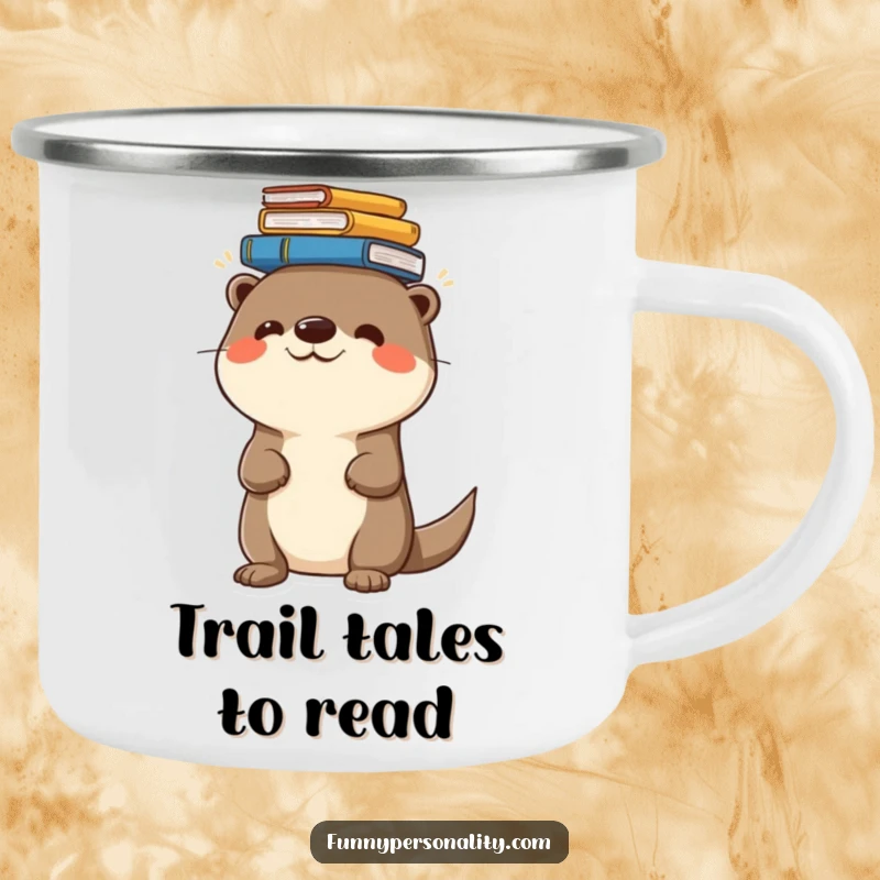 Funny camping mug with a cheerful otter balancing a stack of books on its head, great for outdoor reading.