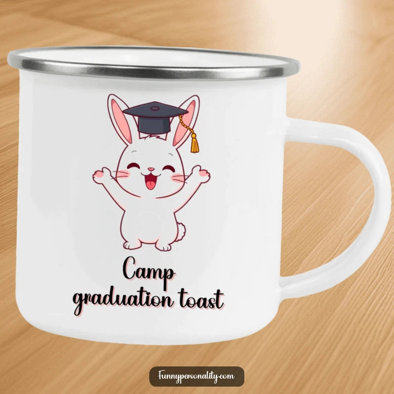 Funny camping mug with a happy rabbit character enthusiastically waving a tiny graduation cap, great for celebrating outdoors.