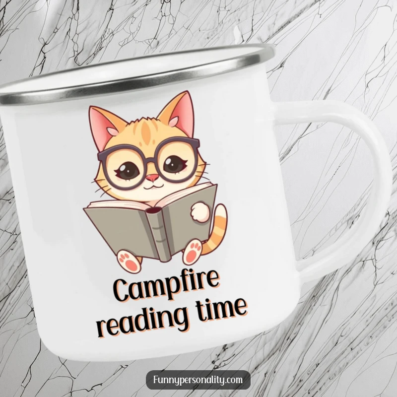 Funny camping mug with a silly cat wearing oversized spectacles and reading a giant book, great for outdoor reads.