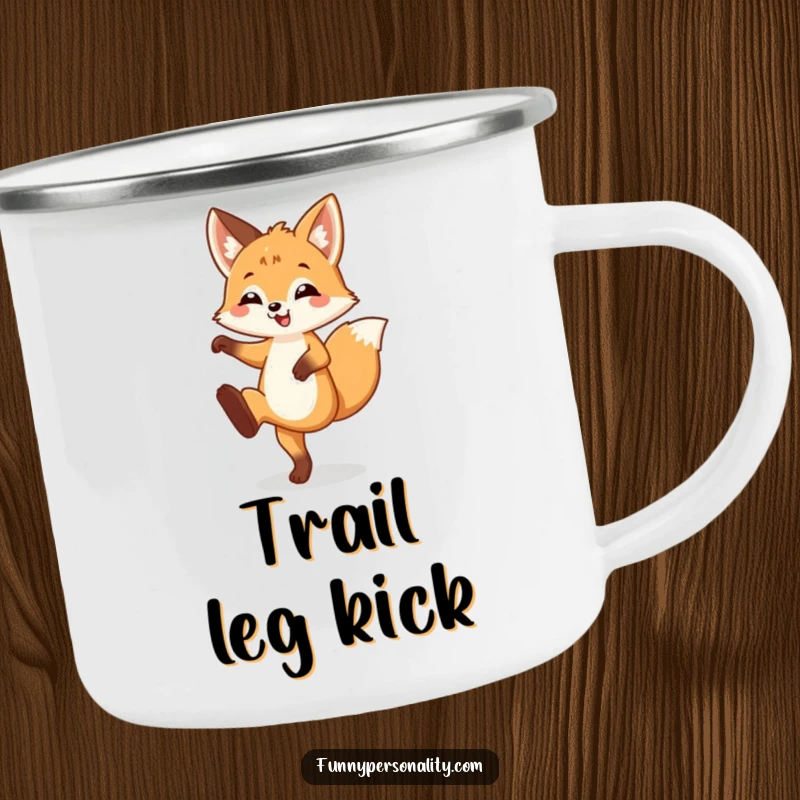 Funny Camping Mug showing a happy fox cub doing a silly leg kick, great for outdoor moments of fun.
