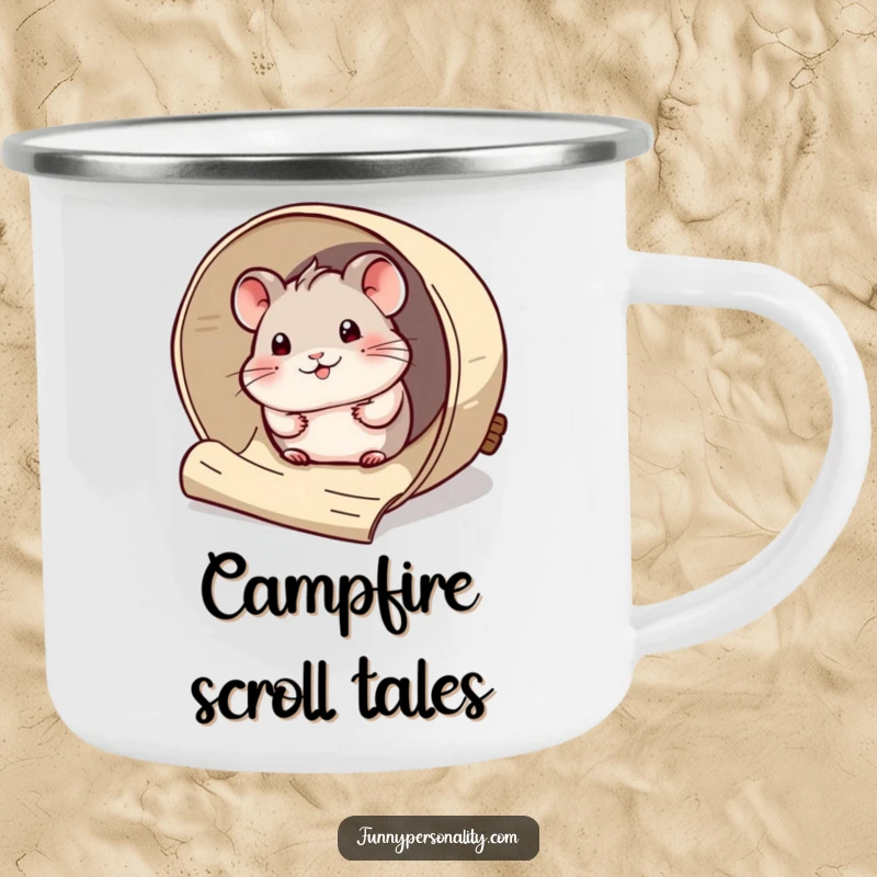 Funny Camping Mug: A curious hamster peeks out from a giant rolled-up scroll, great for outdoor humor gifts.