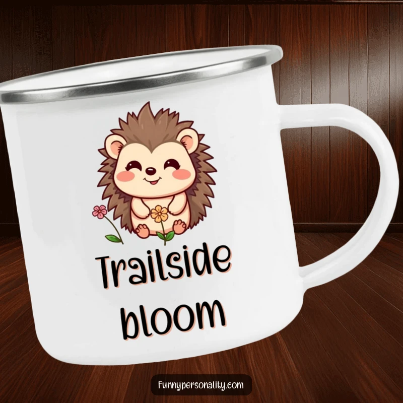 Funny camping mug featuring a cheerful hedgehog smiling at a tiny flower, a durable and humorous mug for outdoor enthusiasts.