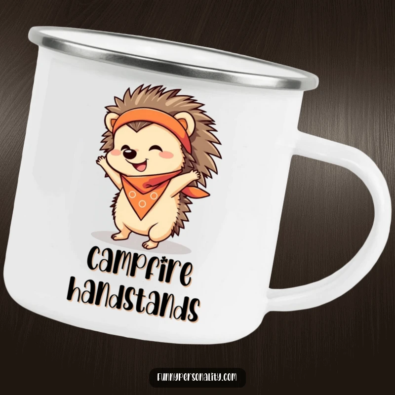 Funny Camping Mug showing a cheerful hedgehog with a bandana doing a handstand, ideal for ruggedly humorous campers.