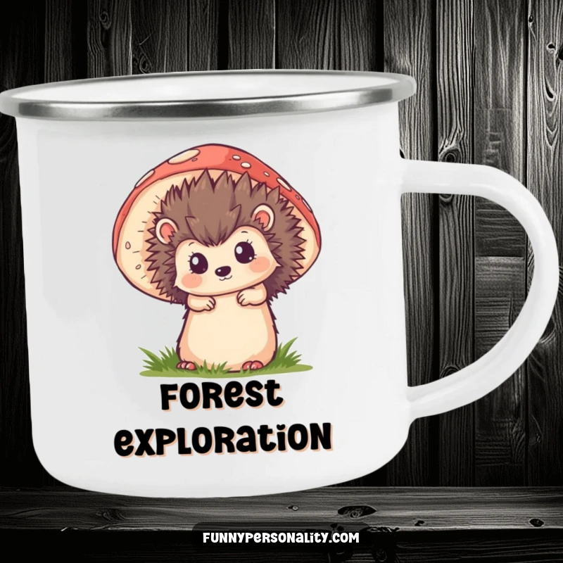 Funny camping mug showing a curious hedgehog peeking from behind a large mushroom, ideal for outdoor beverages.