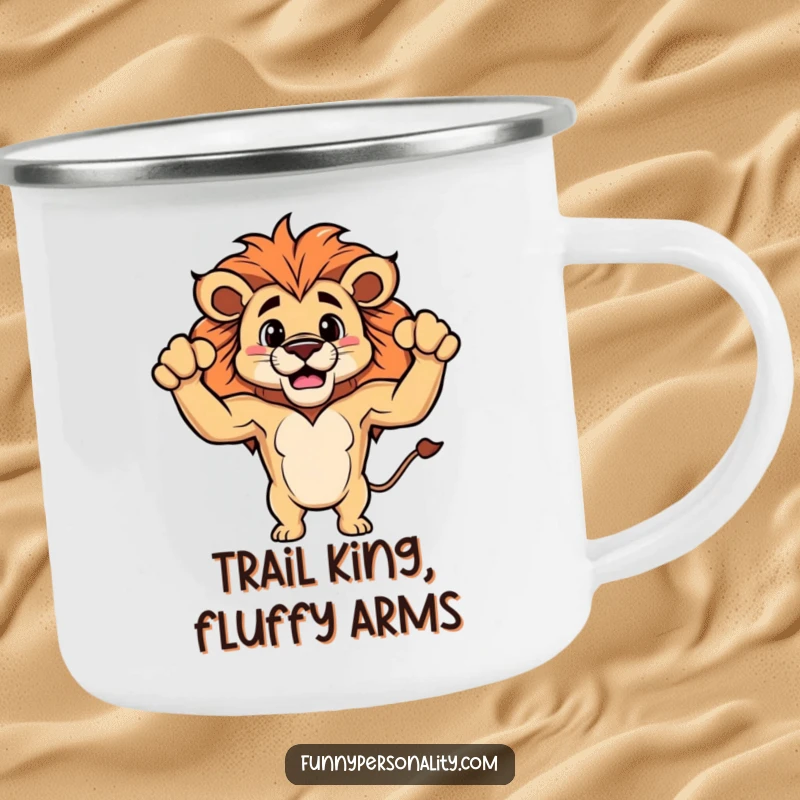 Funny camping mug featuring a proud lion character flexing small, fluffy biceps, for outdoor humor and drinks.