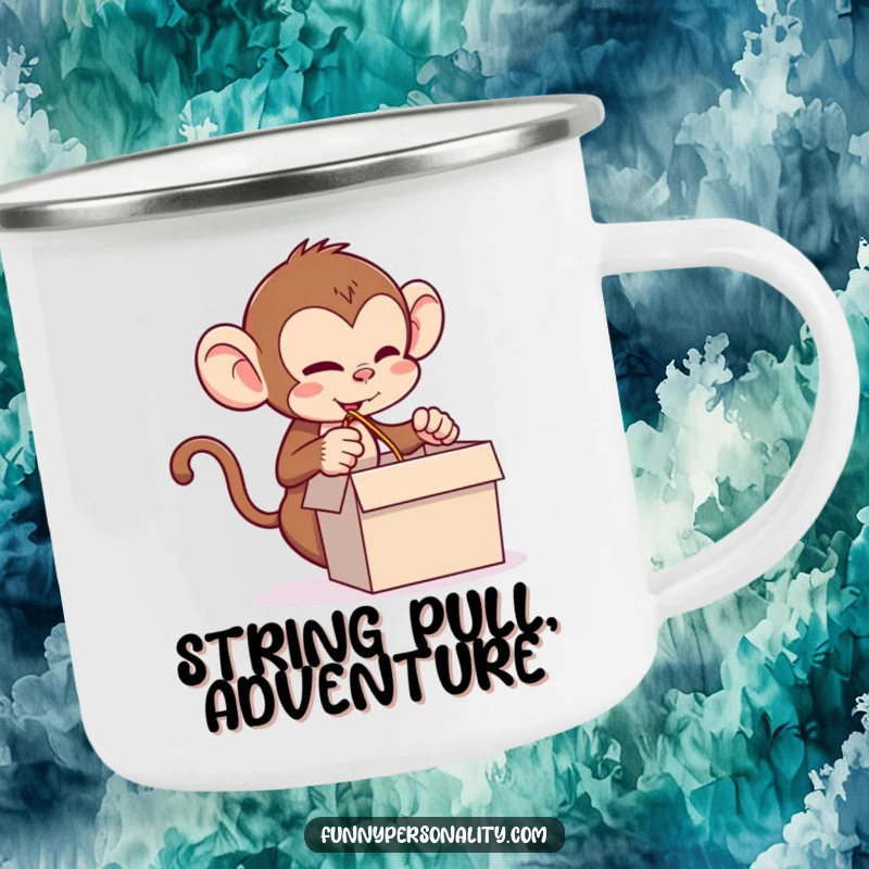 Funny monkey camping mug featuring a mischievous monkey pulling a long string, perfect for outdoor adventures and humorous sips.