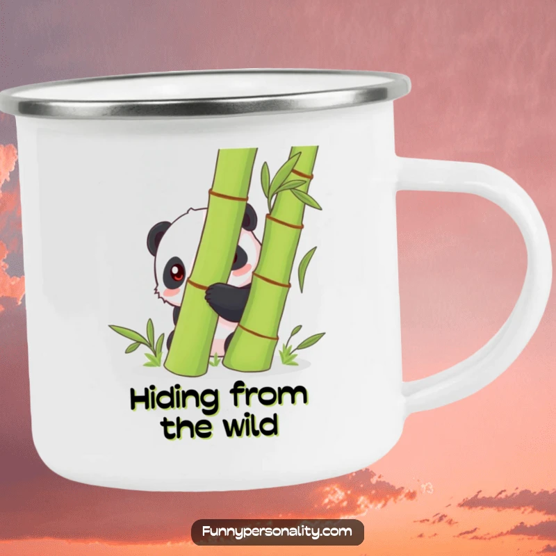 Funny shy panda peeking from behind a bamboo stalk on a rugged camping mug, perfect for enjoying beverages during outdoor excursions.
