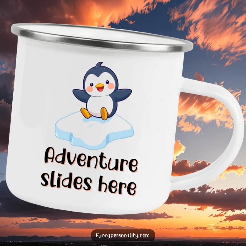 Funny camping mug with a playful penguin character sliding down an icy slope with a big grin, perfect for outdoor fun.