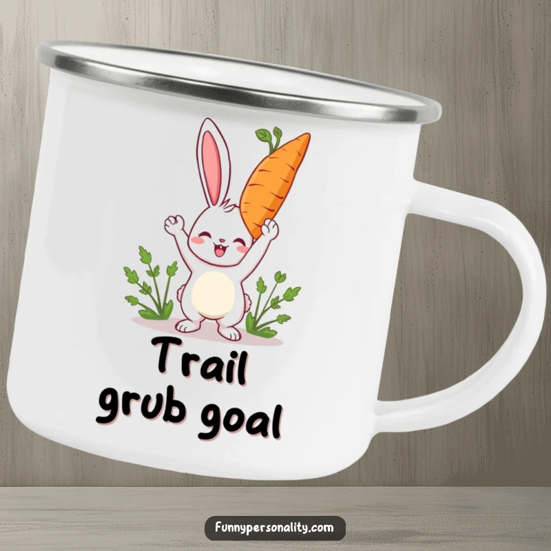 Funny rabbit camping mug showing a happy character holding a giant carrot, ready for outdoor feasts.