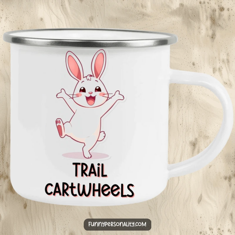 Funny Camping Mug: An energetic rabbit performing a cartwheel with a smile, designed for outdoor fun and happy moments.