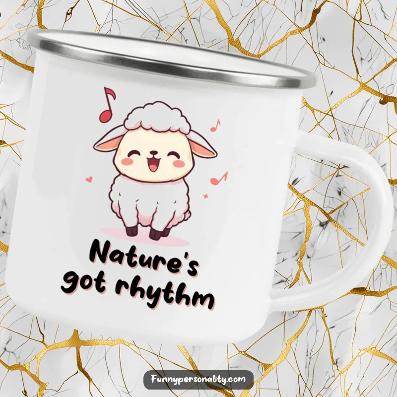 Funny Sheep Camping Mug: A joyful sheep character headbanging outdoors, ready for music and adventure.