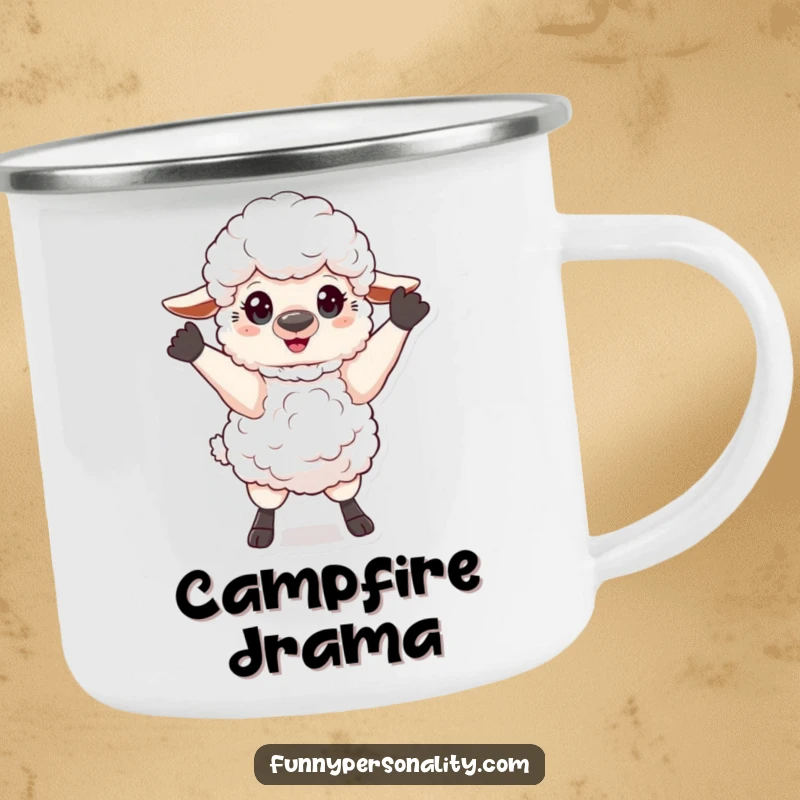 Funny Camping Mug: A fluffy sheep striking a theatrical pose, designed for dramatic moments and outdoor adventures.
