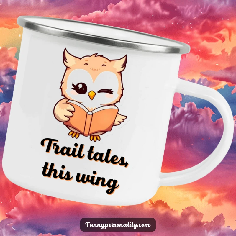 Funny winking owl character holding a book on a rugged camping mug, ideal for outdoor reading and a funny gift.