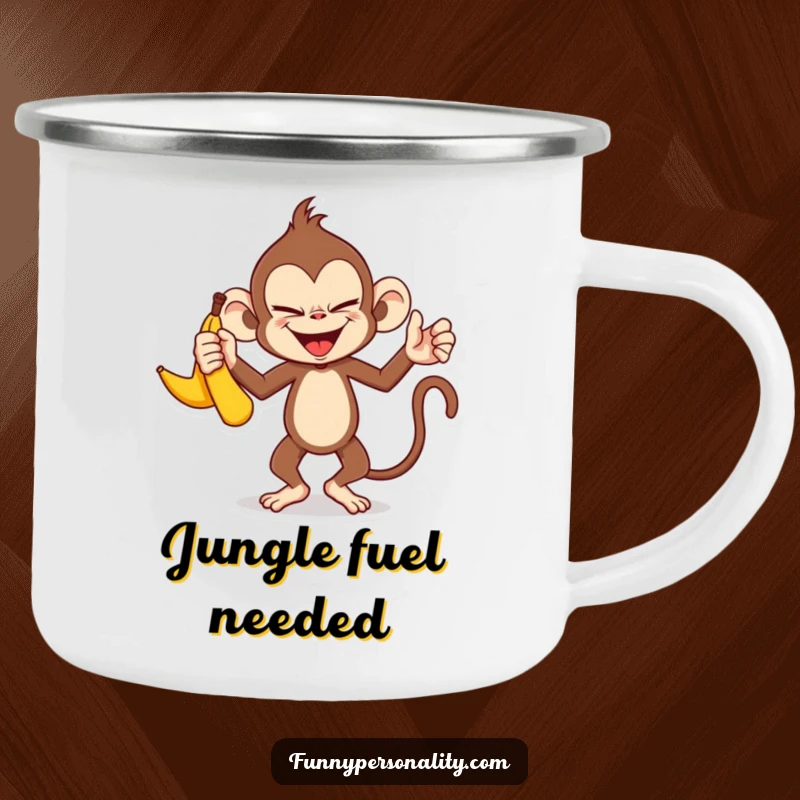 Funny monkey camping mug: enamel mug with a mischievous monkey character juggling three bananas with a sly smile in a jungle setting.
