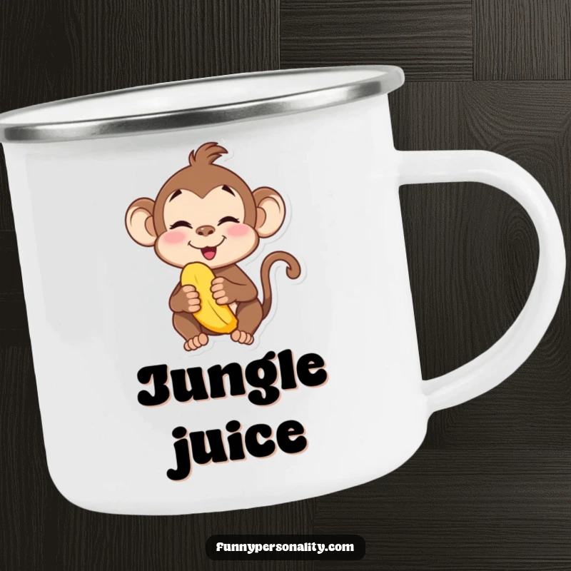 Funny camping mug of a playful monkey making a silly face with a banana. Great for outdoor fun.
