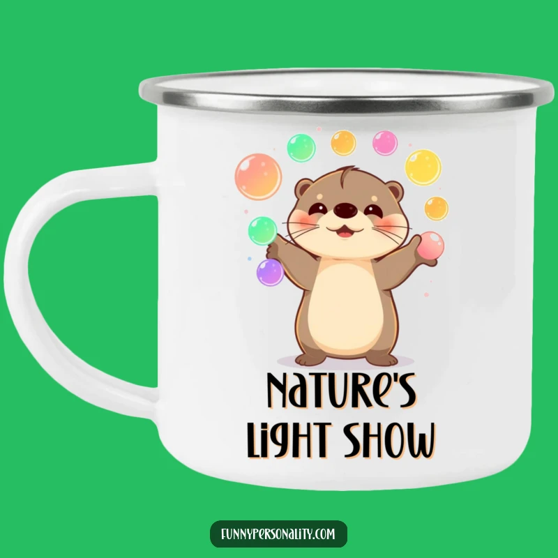 Funny Happy Otter Camping Mug: Outdoor Fun with Juggling Orbs, Gift