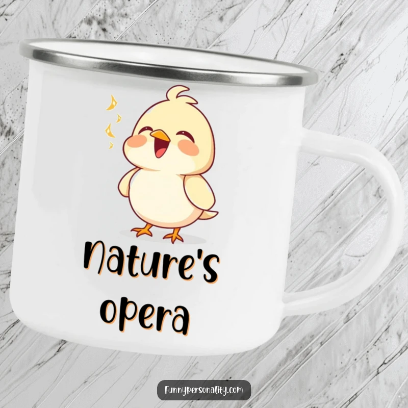 Funny camping mug with a joyful bird character singing outdoors, chest puffed out, ready for adventure.