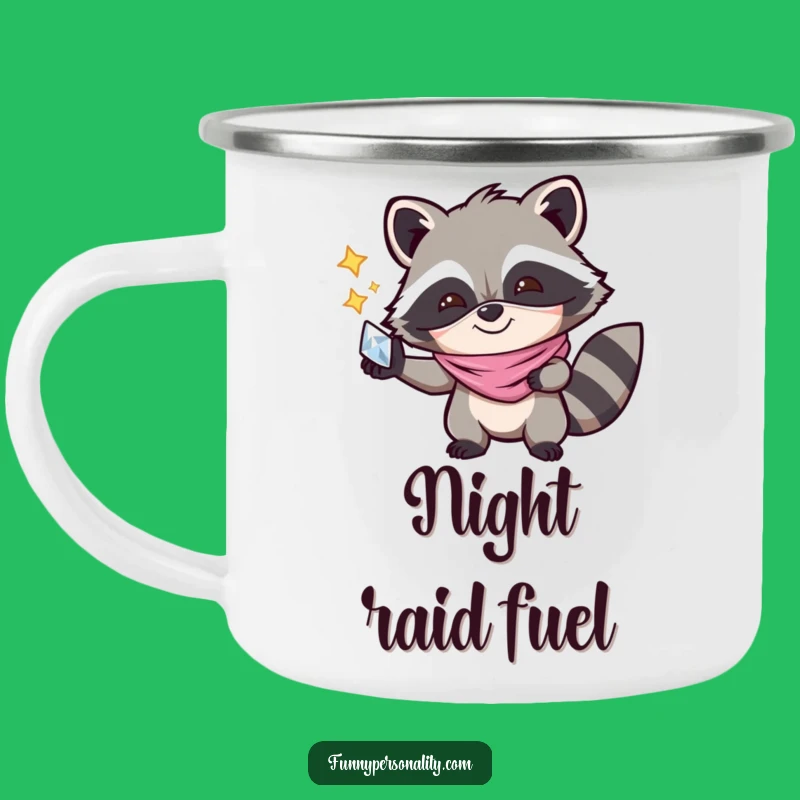 Funny Raccoon Mask Camping Mug - Joyful Enamel Cup for Treasure Hunts