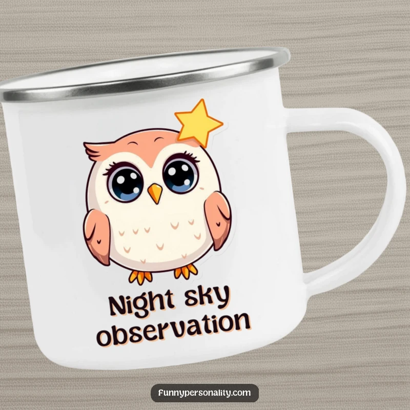 Funny Camping Mug: A round owl with wide eyes is surprised by a shining star, great for outdoor humor gifts.