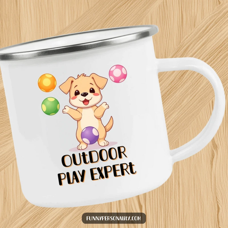Funny puppy camping mug showing a playful character juggling colorful balls, ready for outdoor fun.