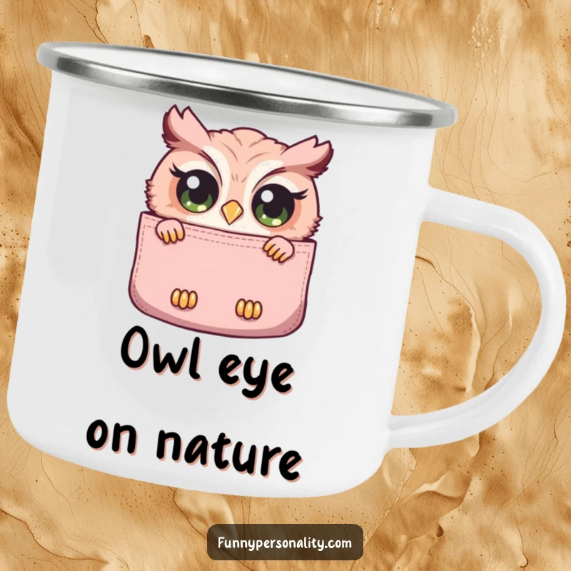 Funny enamel camping mug with a curious owl with wide eyes peeking out from a large pocket, perfect for outdoor observation and sipping.