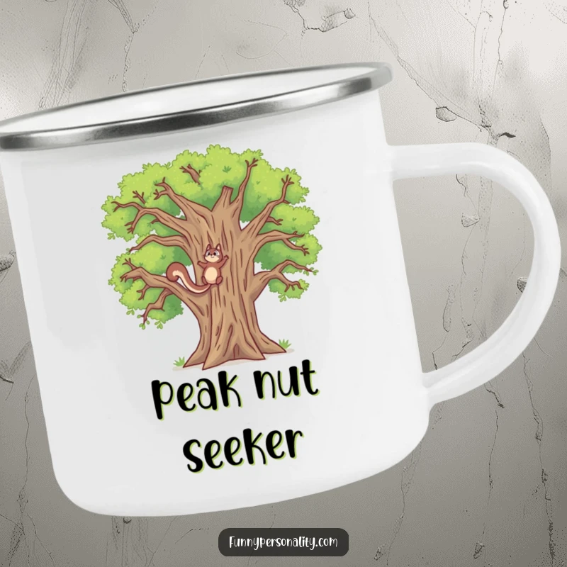 Funny camping mug featuring a determined squirrel climbing a ridiculously tall oak tree, a durable and humorous mug for outdoor adventurers.