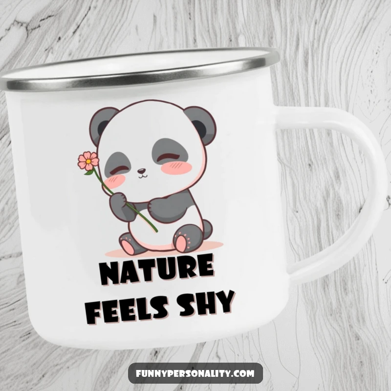 Shy panda camping mug featuring a blushing panda character holding a flower, perfect for sweet and gentle outdoor trips.