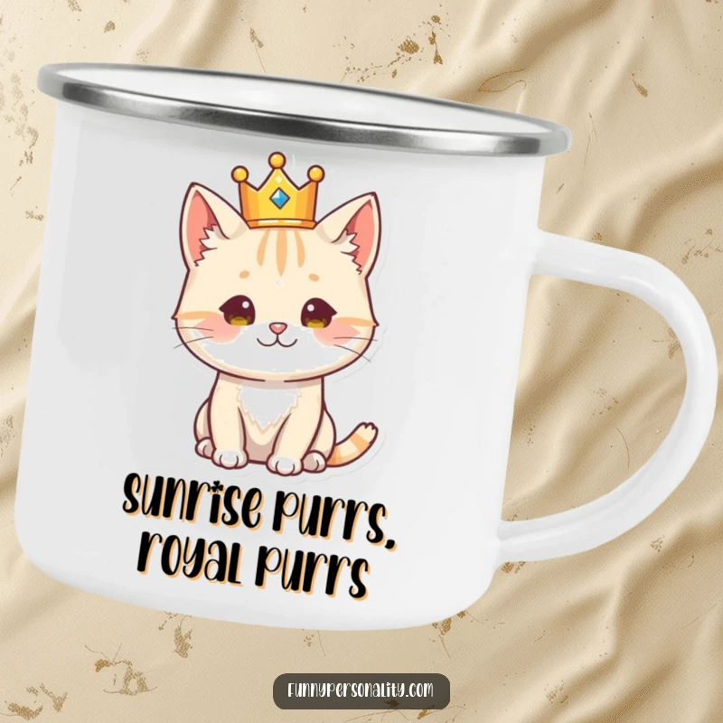 Funny cat character wearing a crown, looking regal, a sturdy and humorous enamel camping mug for feline royalty.