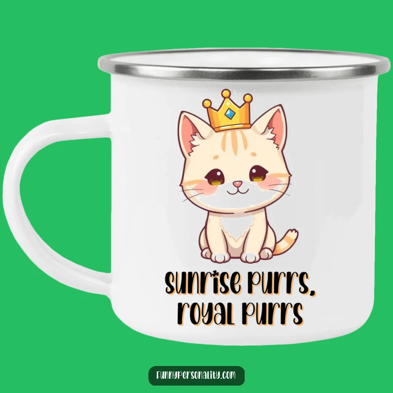 Funny Regal Cat Camping Mug - Majestic Feline Enamel Cup, Humorous Gift