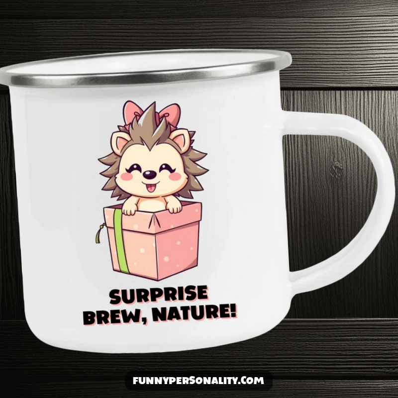 Smiling hedgehog character bursting out of a gift box on a rugged camping mug, ideal for outdoor fun and a funny gift.