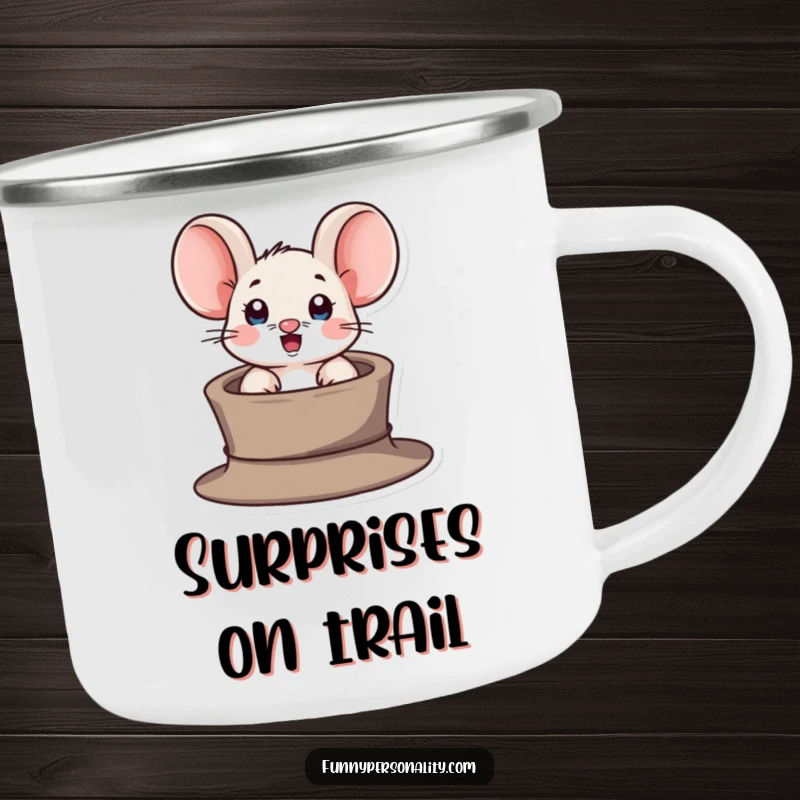 Funny camping mug with a surprised mouse character popping out of a tiny hat, perfect for outdoor surprises and drinks.