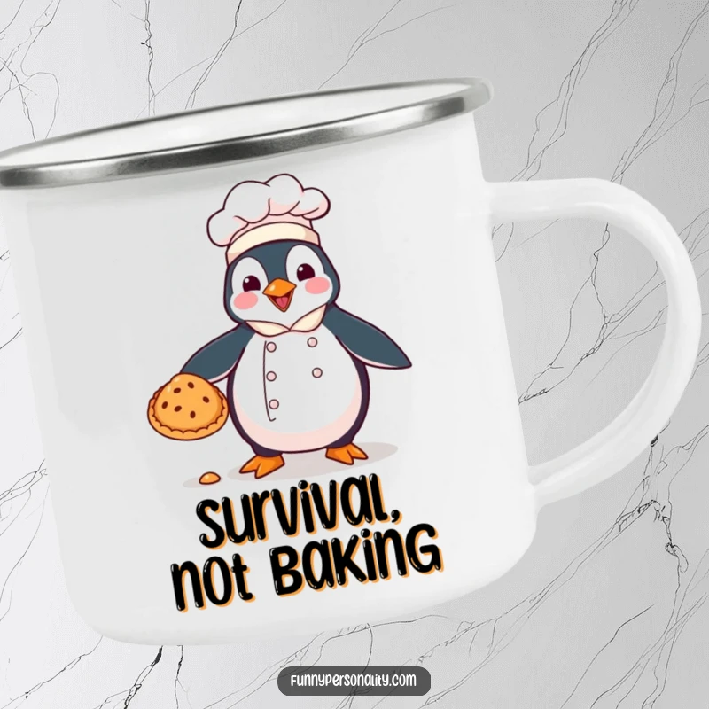 Funny camping mug: a penguin chef fumbling a pie, ready for outdoor meals and chuckles.