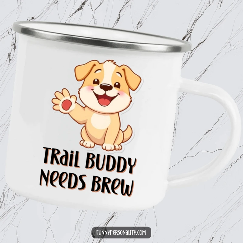 Funny dog camping mug featuring a smiling dog extending its paw, perfect for outdoor enthusiasts who love a good laugh.