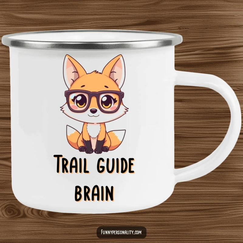 Funny Fox Camping Mug: A rugged enamel mug featuring a curious fox wearing oversized glasses, perfect for outdoor enthusiasts.