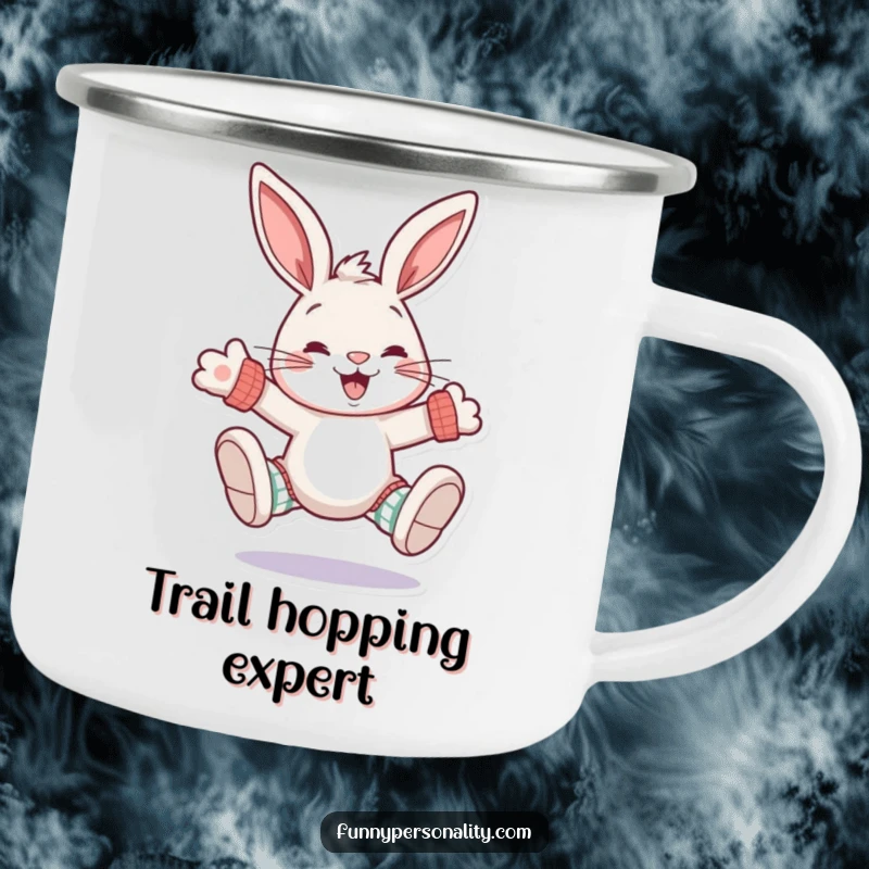 Funny rabbit camping mug: enamel mug with a grinning rabbit character wearing oversized, mismatched socks on a camping trip.