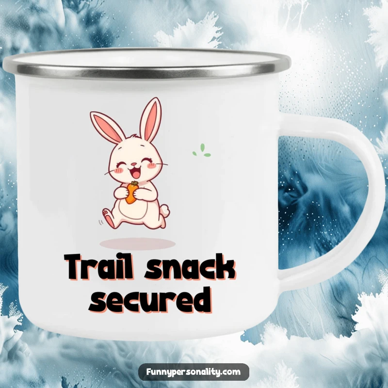 Funny Rabbit Camping Mug with a cheerful bunny excitedly jumping for a carrot, perfect for outdoor enthusiasm.