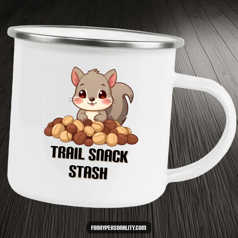 Funny camping mug featuring a curious squirrel peeking from a pile of nuts, perfect for outdoor enthusiasts.