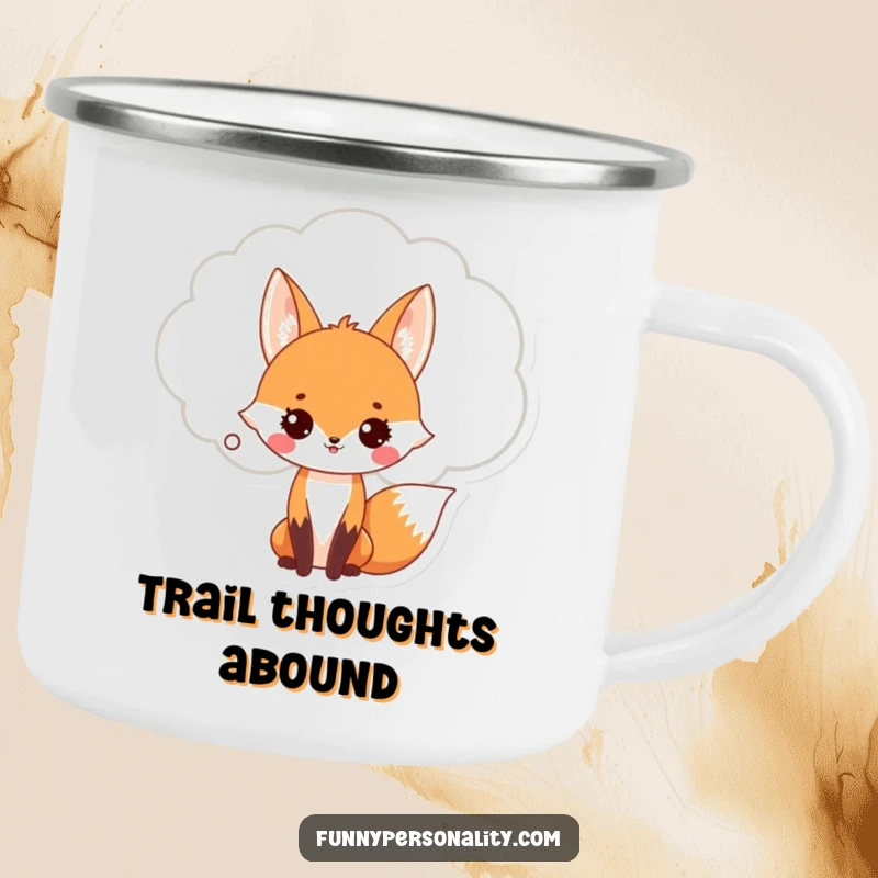 Funny Fox Camping Mug: A durable enamel mug featuring a cute fox with a huge thought bubble, ideal for outdoor adventures. Gift item.