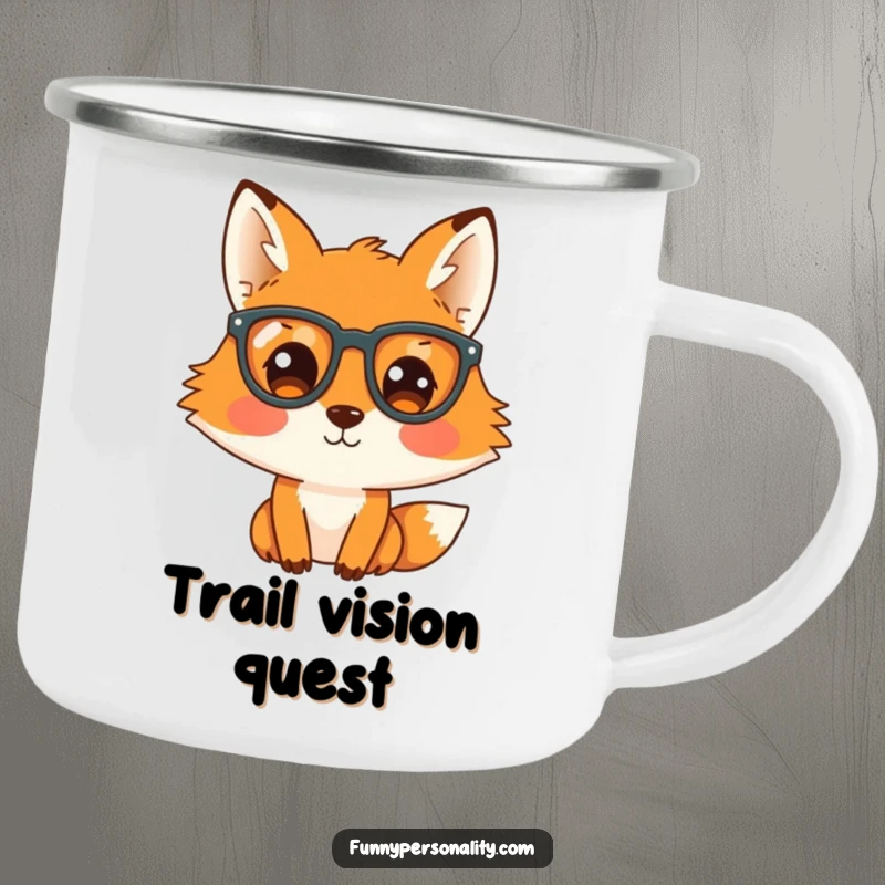 Funny camping mug with a curious fox in spectacles, ideal for outdoor adventures and hot beverages.